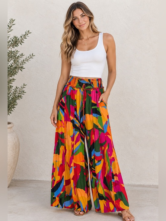 True Destinations Pants - Vibrant Multicolor Printed Pants with Smocked Waist by True Destinations Medium